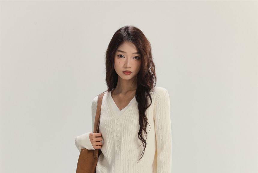 Long-Sleeve V-Neck Plain Button Accent Cable Knit Top Product Image