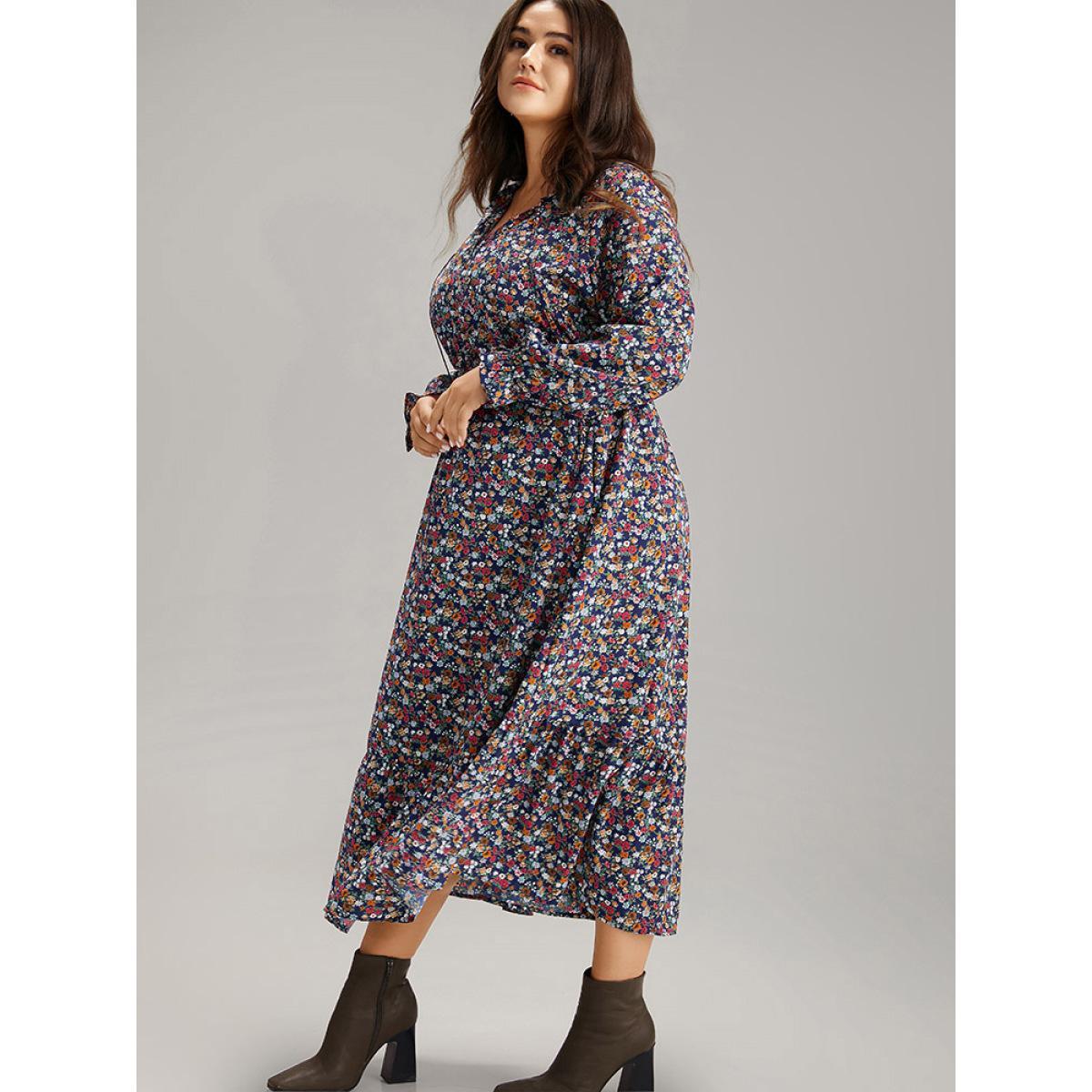Plus Size Ditsy Floral Shirred Frill Trim Ties Dress DarkBlue Women Elegant Elastic cuffs V-neck Long Sleeve Curvy Midi Dress BloomChic 14-16/1X Product Image