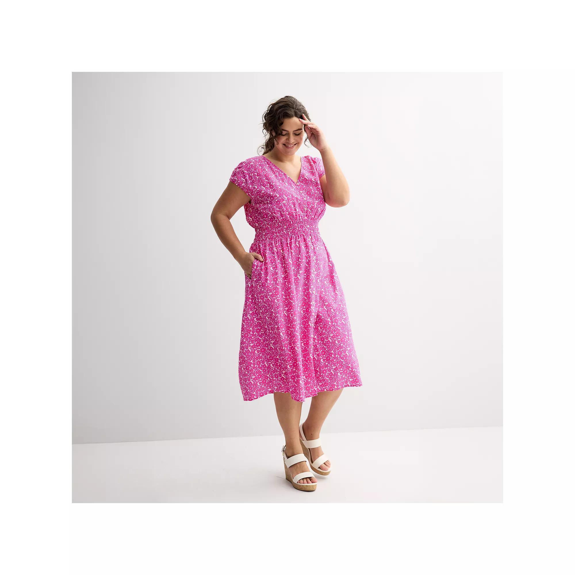 Plus Size Sonoma Goods For Life® Smocked Button-Through Midi Dress, Women's, Size: 1XL, Pink Painted Floral Product Image