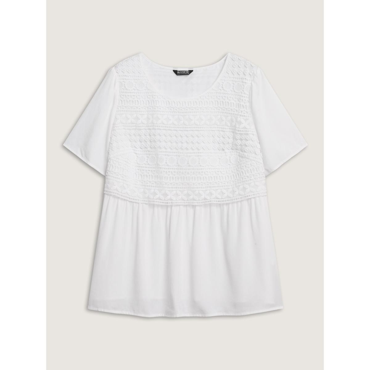 Plus Size Opticwhite Embroidered Textured Lace Babydoll Top Women Short sleeve Round Neck Everyday-Elegant Blouses BloomChic 14-16/1X Product Image