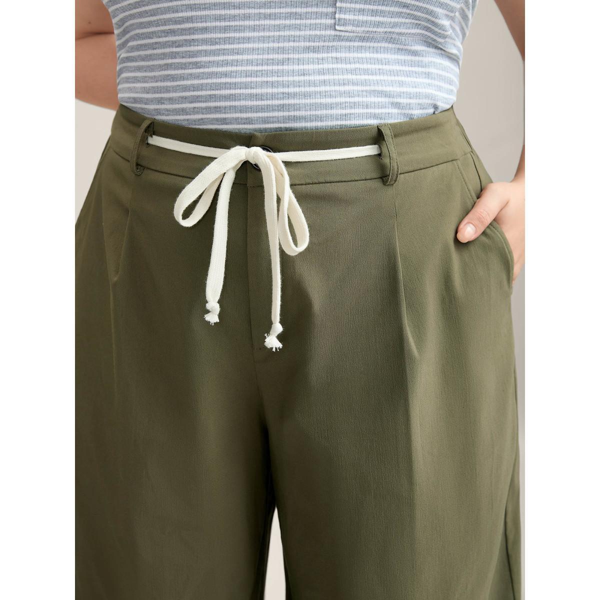 Plus Size Drawstring Pockets Wide-Leg Pants Women ArmyGreen Casual Wide Leg Mid Rise Everyday-Casual Pants BloomChic 10/M Product Image
