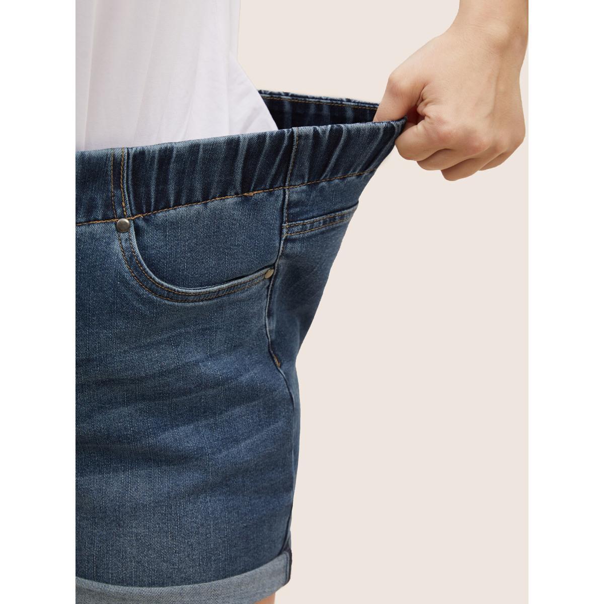 Plus Size Dark Wash Elastic Waist Roll Hem Denim Shorts Women DarkBlue Roll Hem Medium stretch Everyday Slanted pocket Casual Denim Shorts BloomChic 18/2X Product Image