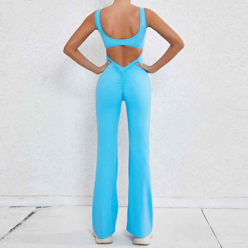 Sleeveless Scoop Neck Plain Open Back Bootcut Sports Jumpsuit Product Image