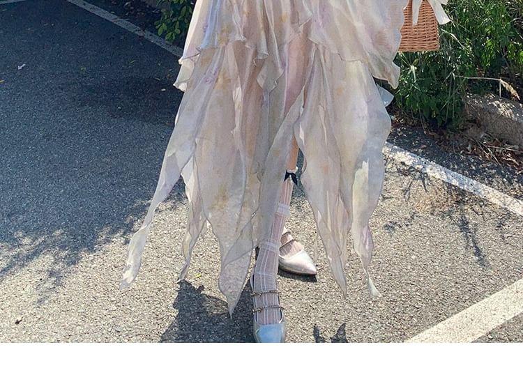 Spaghetti Strap V-Neck Tie Dye Asymmetrical Layered Open Back A-Line Dress Product Image