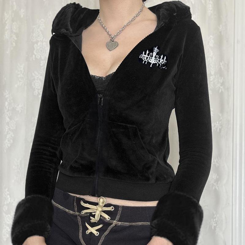 Long Sleeve Graphic Print Furry-Trim Zip-Up Hooded Jacket Product Image