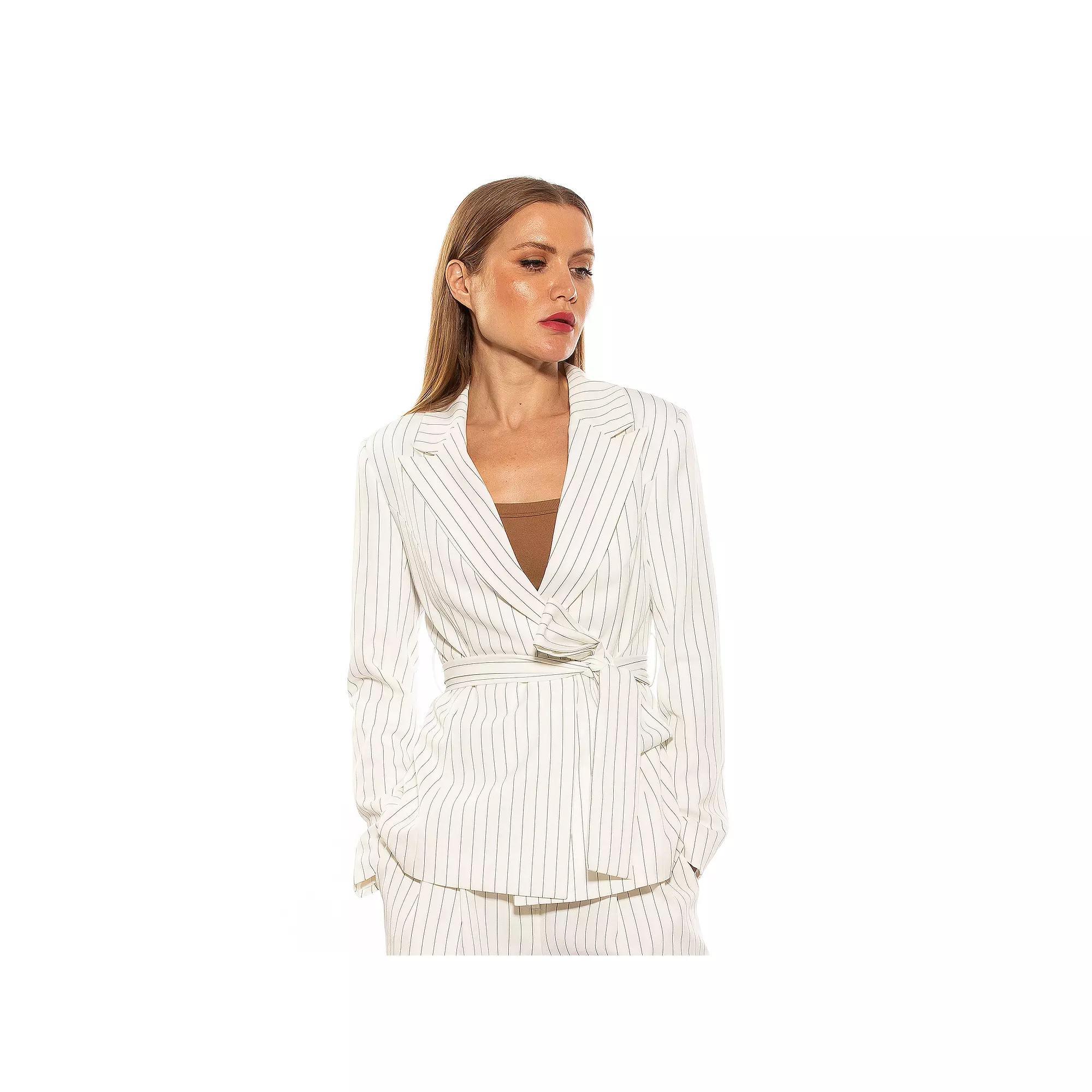 Women's ALEXIA ADMOR Olya Stripe Long Blazer Jacket with Belt, Size: 2, Beige Stripe Product Image