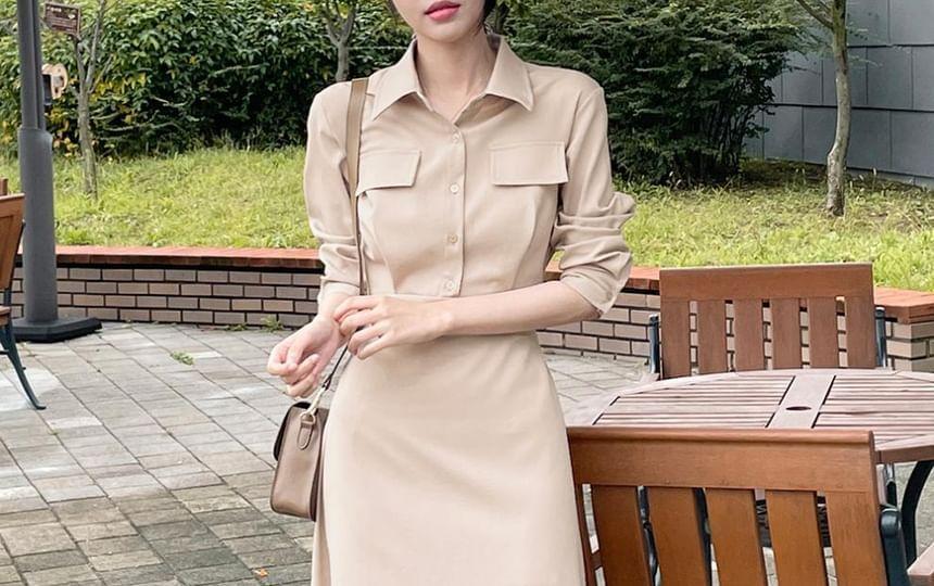 Long-Sleeve Plain Maxi A-Line Shirt Dress Product Image