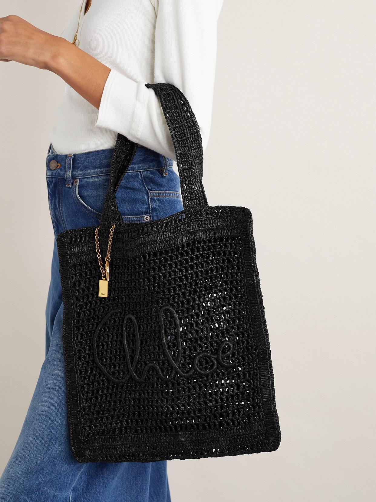 CHLOÉ Summer Banana Embellished Crocheted Embroidered Faux Raffia Tote In Black Product Image