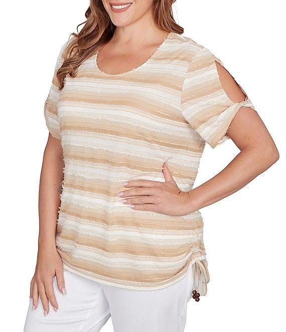Ruby Rd. Plus Size Yarn-Dyed Knit Stripe Scoop Neck Short Sleeve Side Ties Top Product Image