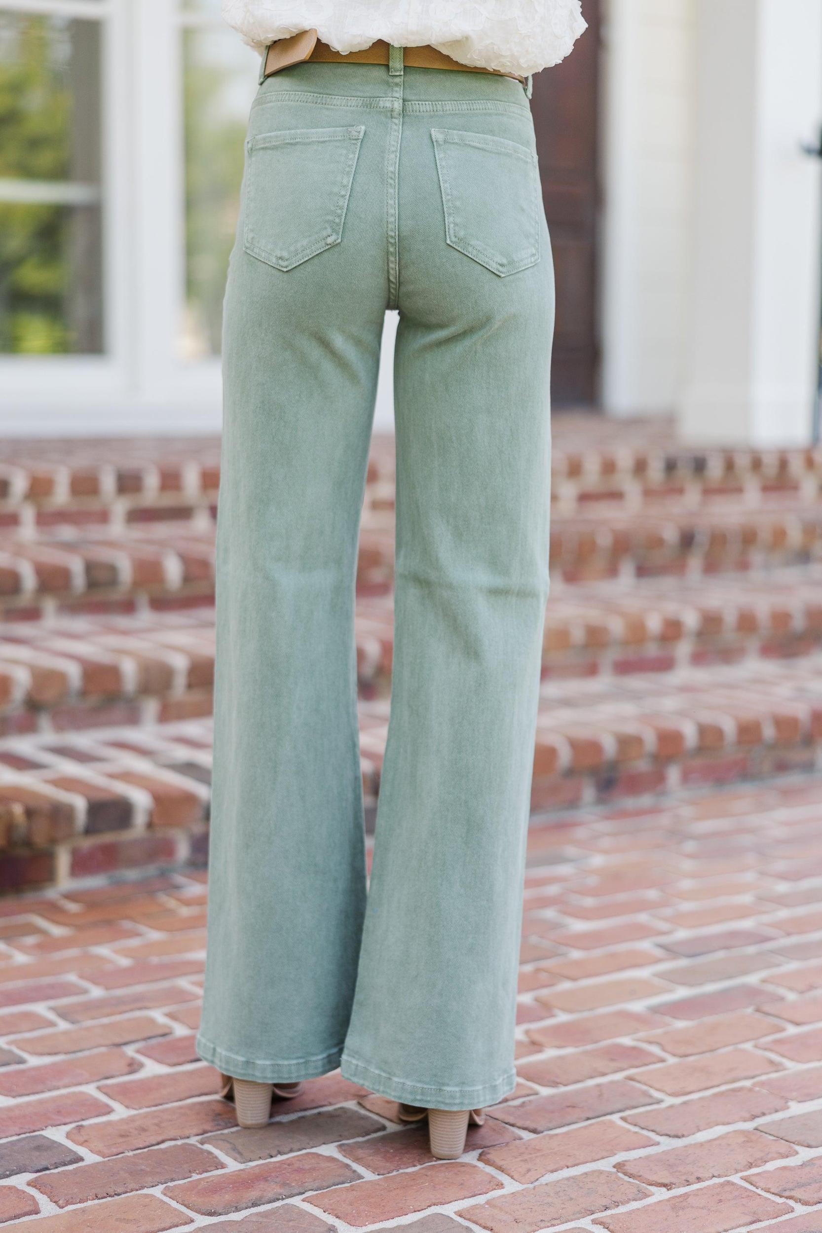 Risen Jeans: Above And Beyond Olive Green Wide Leg Jeans Female Product Image