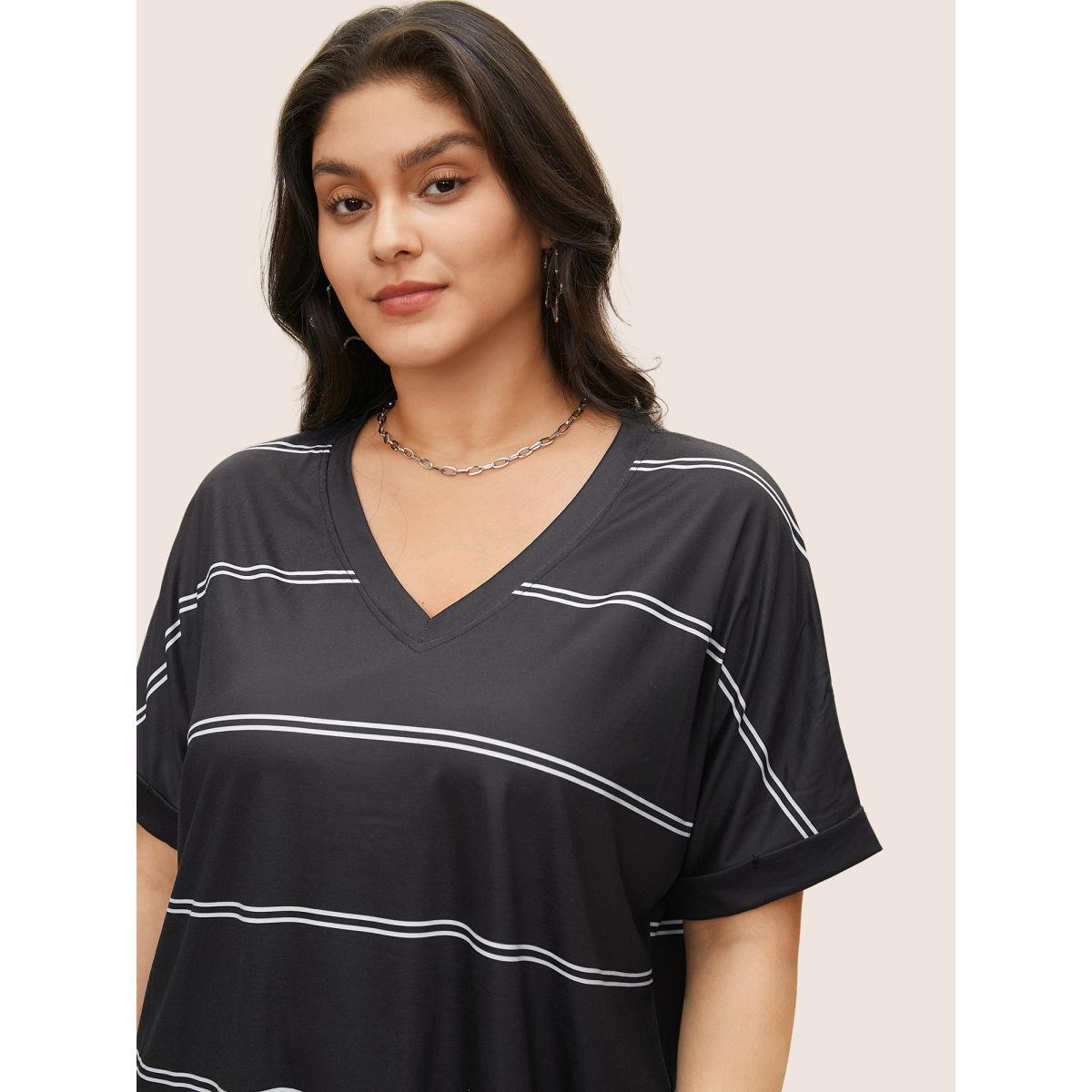 Plus Size Striped Contrast Dolman Sleeve T-shirt Black Women Casual Striped V-neck Everyday T-shirts BloomChic 30/6X Product Image