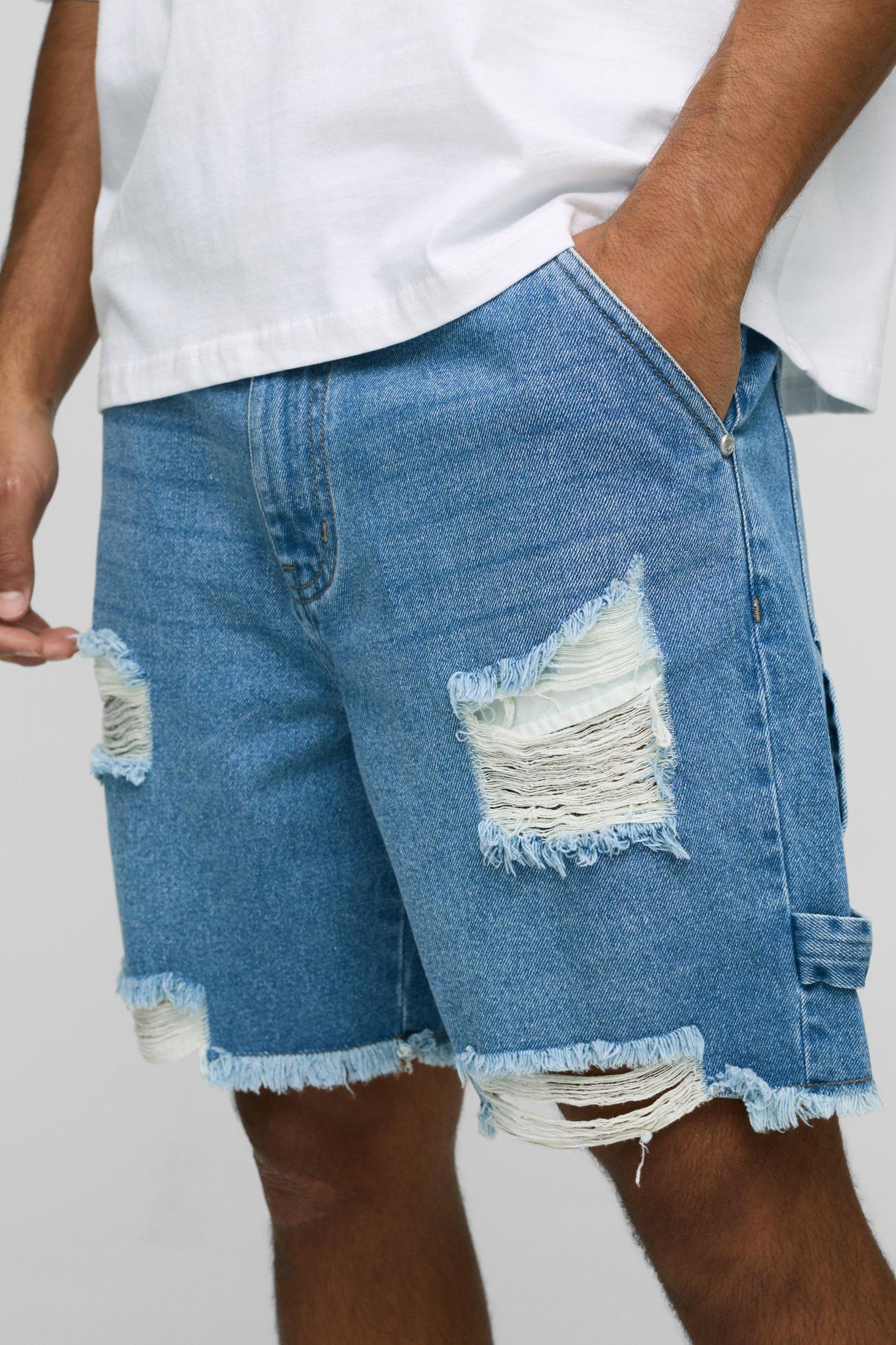 Relaxed Fit Mid Length Ripped Denim Shorts | boohooMAN USA Product Image