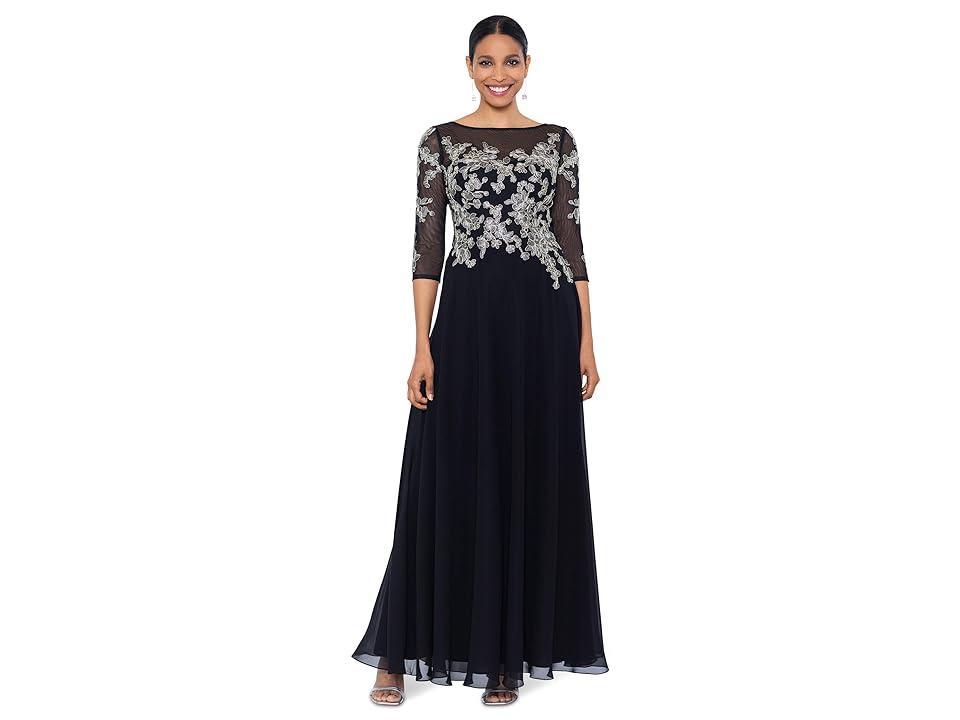 Betsy & Adam Womens Floral-Embroidered 3/4-Sleeve Gown - Black Product Image