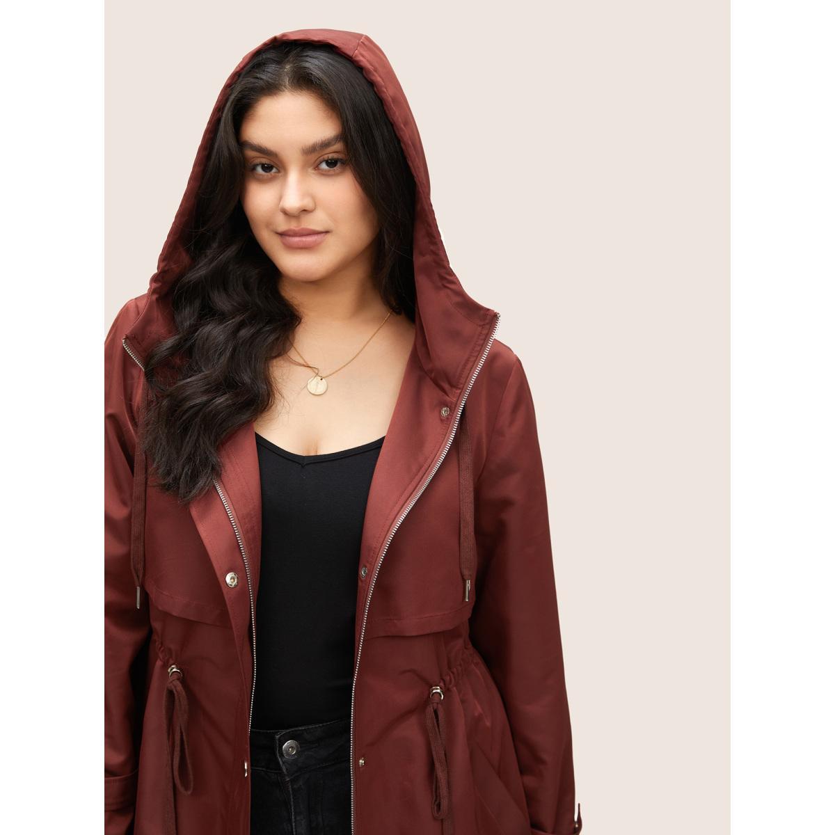 Plus Size Solid Hooded Button Up Drawstring Coat Women Burgundy Casual Non Ladies Everyday Winter Coats BloomChic 18-20/2X Product Image