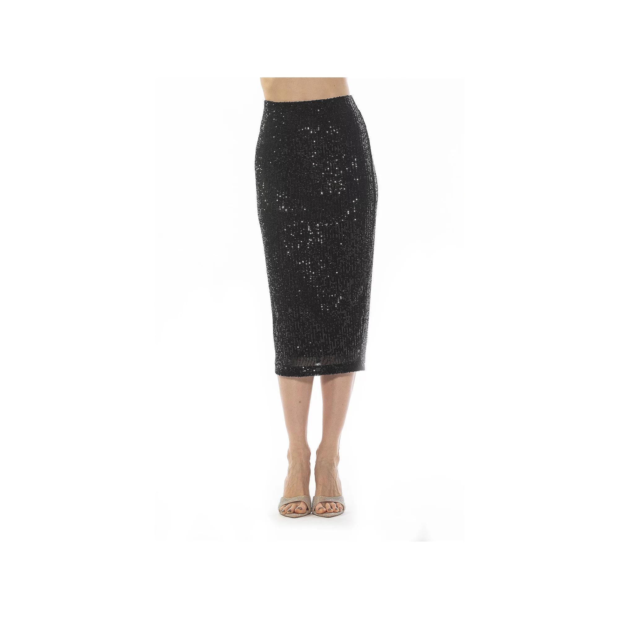 Women's ALEXIA ADMOR Ana Midi Sequin Pencil Skirt with Full Back Expose, Size: 10, Black Product Image