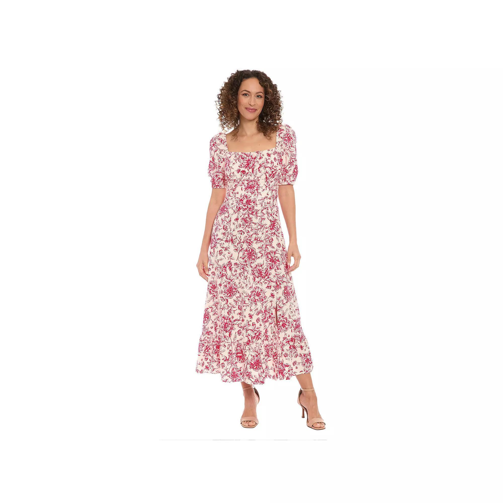 Women's London Times Floral Squareneck Puff Sleeve Empire Waist Midi Dress, Size: 8, Ivory Red Product Image