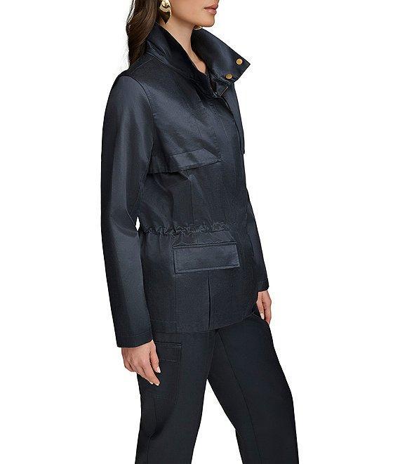 Donna Karan Satin Stand Collar Long Sleeve Cinched Waist Snap Front Short Trench Coat Product Image