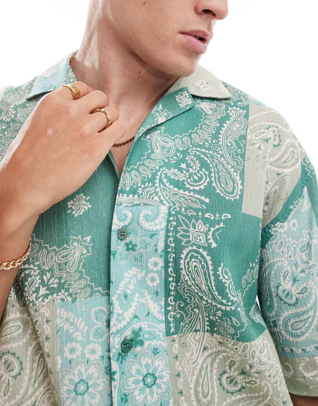 Pull&Bear patchwork patterned shirt in green Product Image