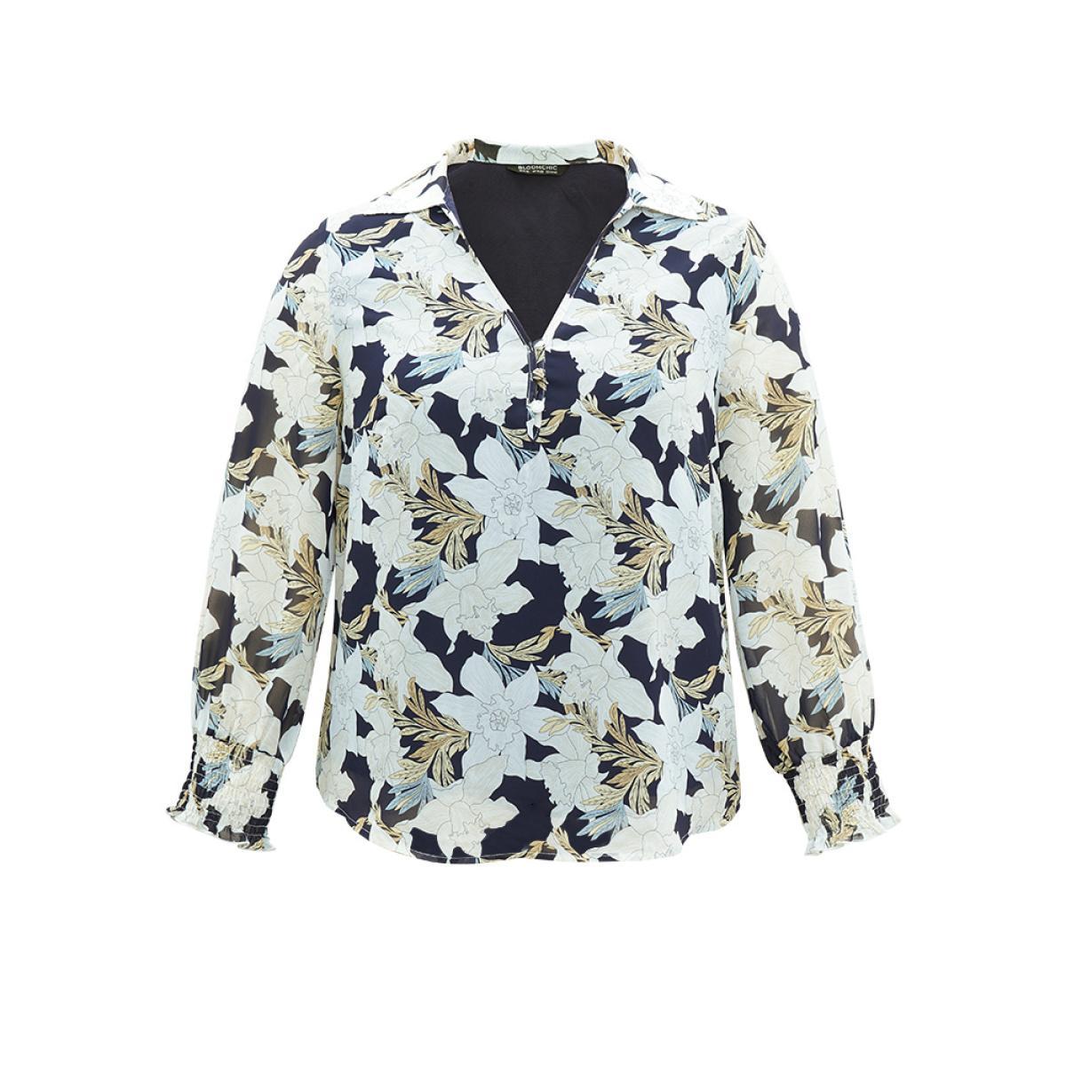 Plus Size DarkBlue Chiffon Silhouette Floral Print Shirred Frill Trim Blouse Women Elegant Long Sleeve V-neck Dailywear Blouses BloomChic 26/4X Product Image