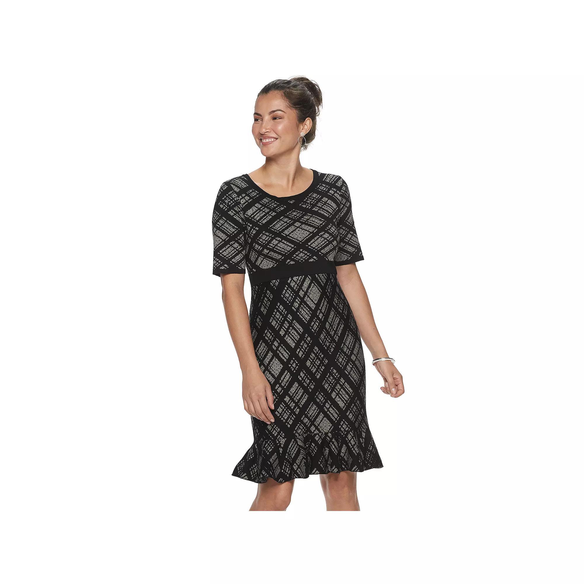 Women's Nina Leonard Plaid Flounce-Hem Dress, Size: Small, Black Mink Product Image