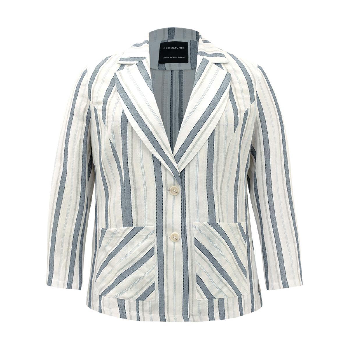 Plus Size Striped Suit Collar Pocket Blazer Blue Women Dailywear Striped Contrast Sleeve Long Sleeve Suit Collar 14-16/1X Pocket Casual Blazers BloomChic Product Image