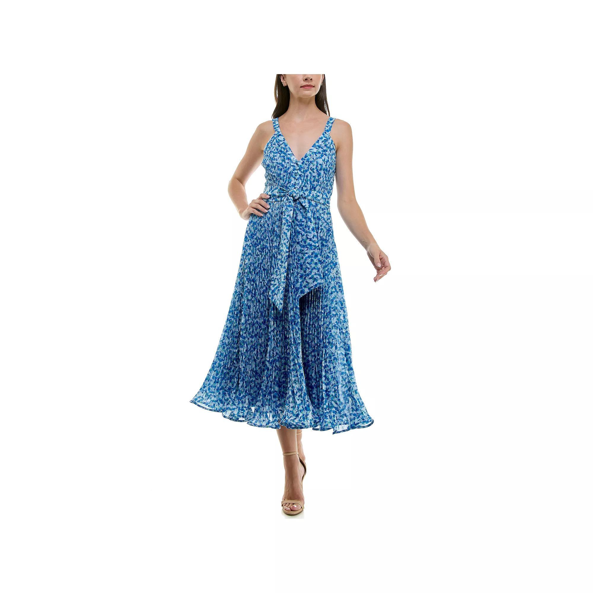 Women's Taylor Sleeveless Pleated V-Neck Fit & Flare Midi Dress, Size: 4, Blue Floral Product Image