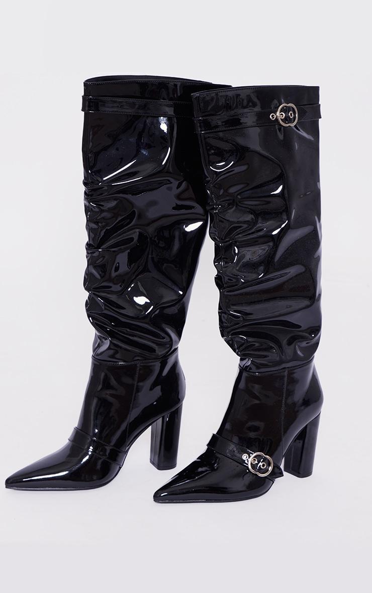 Black Wide Fit Patent Pu Point Toe Buckle Ruched Block Heel Knee Boots Product Image