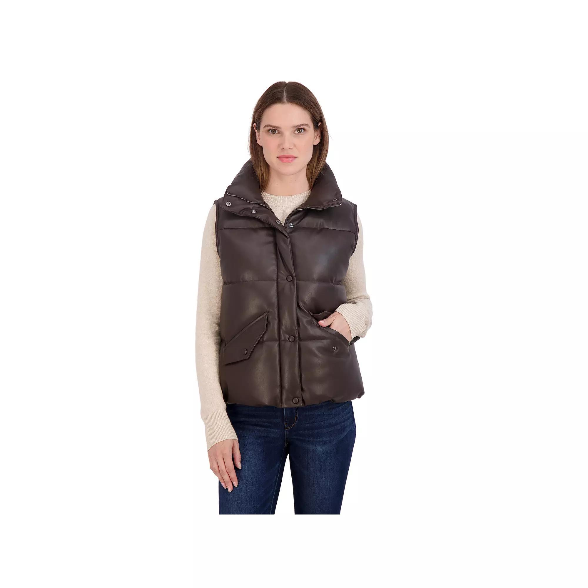 Women's Sebby Collection Faux-Leather Puffer Vest, Size: XL, Brown Product Image