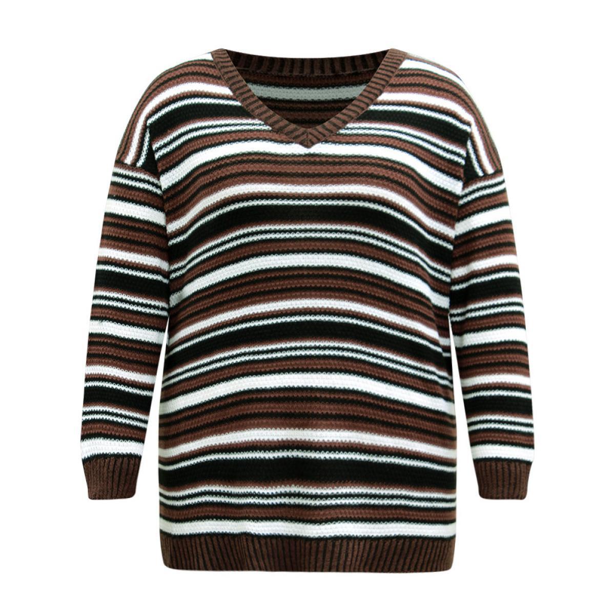Plus Size Striped Contrast Crew Neck Drop Shoulder Pullover DarkBrown Women Casual Loose Long Sleeve V-neck Everyday Pullovers BloomChic 12/L Product Image
