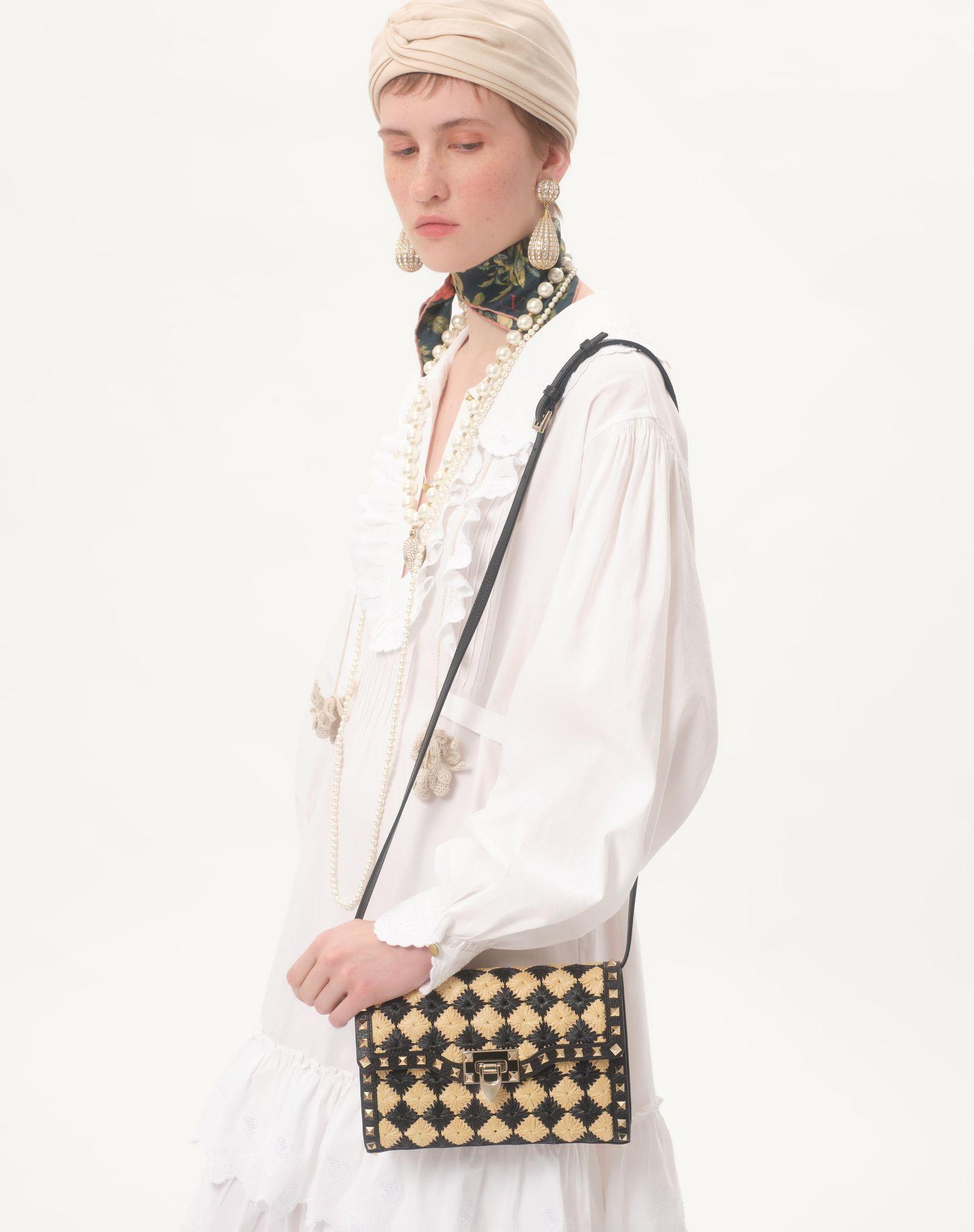 Valentino Garavani Rockstud Small Shoulder Bag In Embroidered Raffia Product Image