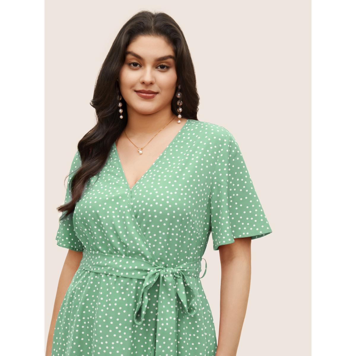Plus Size Polka Dot Surplice Neck Belted Arc Hem Dress Palemauve Women Elegant Non Overlap Collar Short sleeve Curvy Midi Dress BloomChic 14-16/1X Product Image