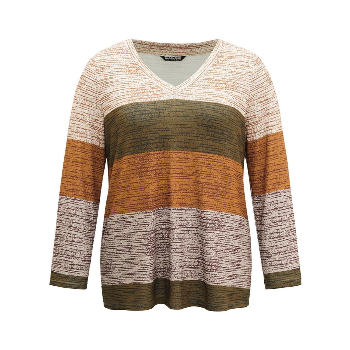 Plus Size Striped Colorblock Contrast V Neck T-shirt Multicolor Women Casual Contrast Colorblock V-neck Everyday T-shirts BloomChic 18-20/2X Product Image