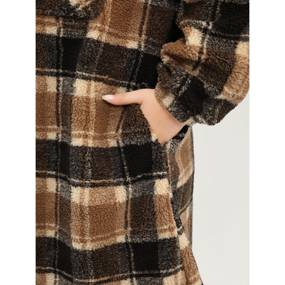 Plus Size Plaid Flap Pocket Button Up Teddy Coat Women Bronze Elegant Button Ladies Dailywear Winter Coats BloomChic 30/6X Product Image