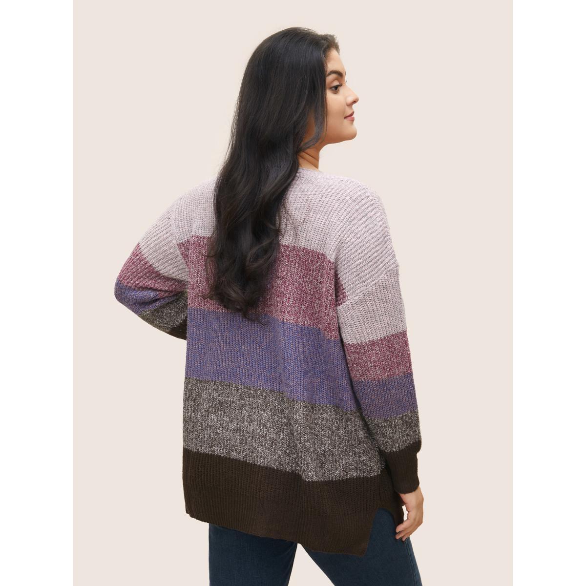 Plus Size Heather Colorblock V Neck Split Hem Pullover Purple Women Casual Loose Long Sleeve V-neck Dailywear Pullovers BloomChic 14-16/1X Product Image
