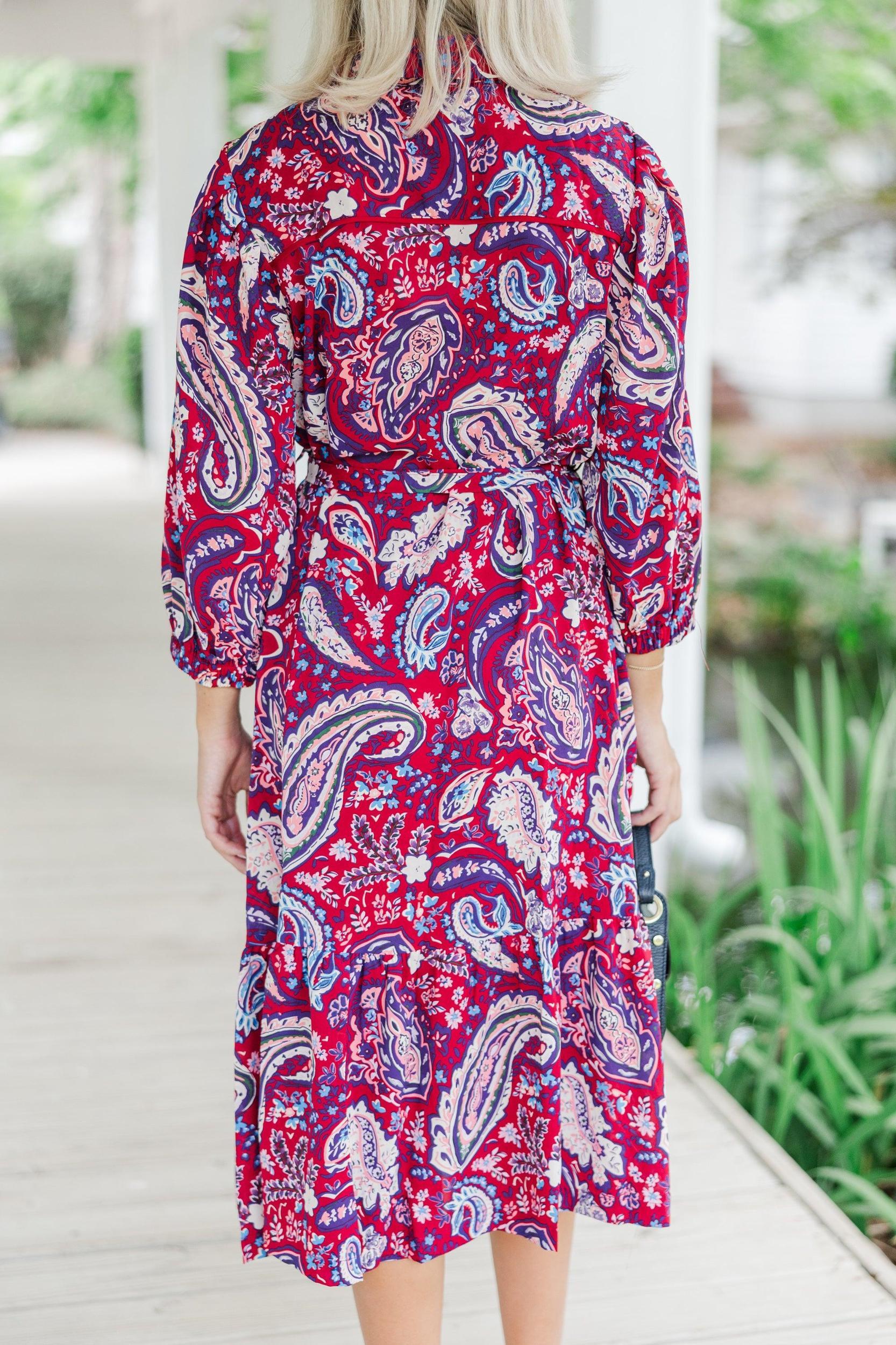 Just Having Fun Wine Red Paisley Midi Dress Female Product Image