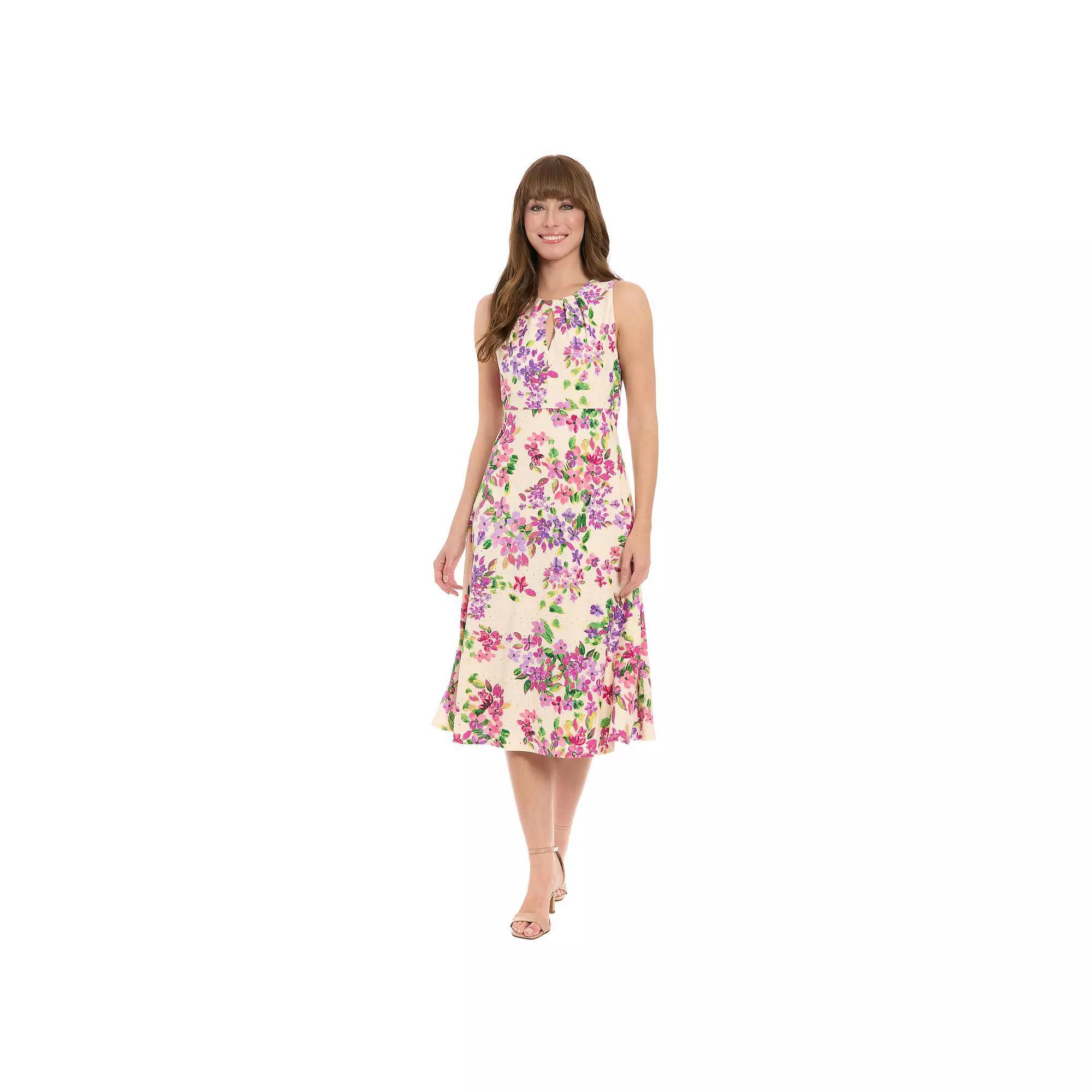 Women's London Times Eyelet Keyhole Neck Midi Dress, Size: 6, Ivory Pink Product Image