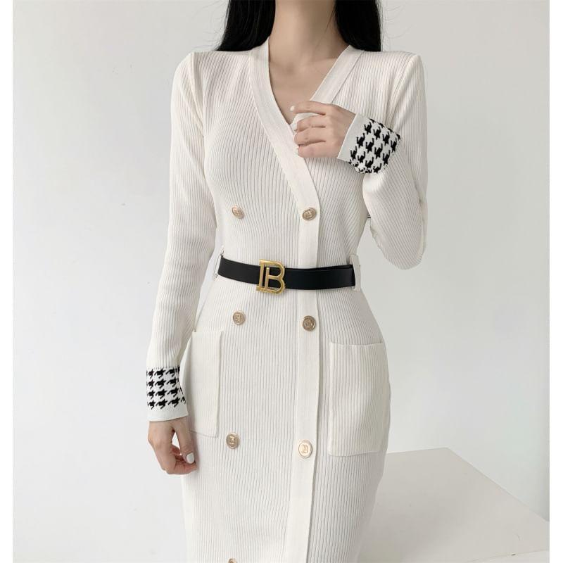 Long-Sleeve V-Neck Double Breasted Plaid Panel Knit Sheath Dress Product Image