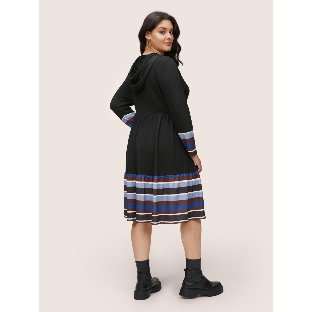 Plus Size Contrast Striped Flutter Hem Hooded Drawstring Dress Black Women Casual Gathered Hooded Long Sleeve Curvy Midi Dress BloomChic 12/L Product Image