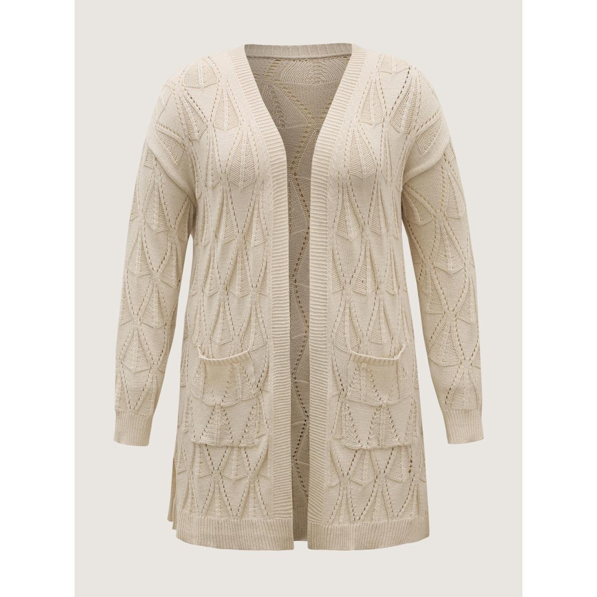 Plus Size Textured Cut-Out Slit Pockets Knit Cardigan Apricot Women Loose Long Sleeve Everyday-Casual Cardigans BloomChic 12/L Product Image