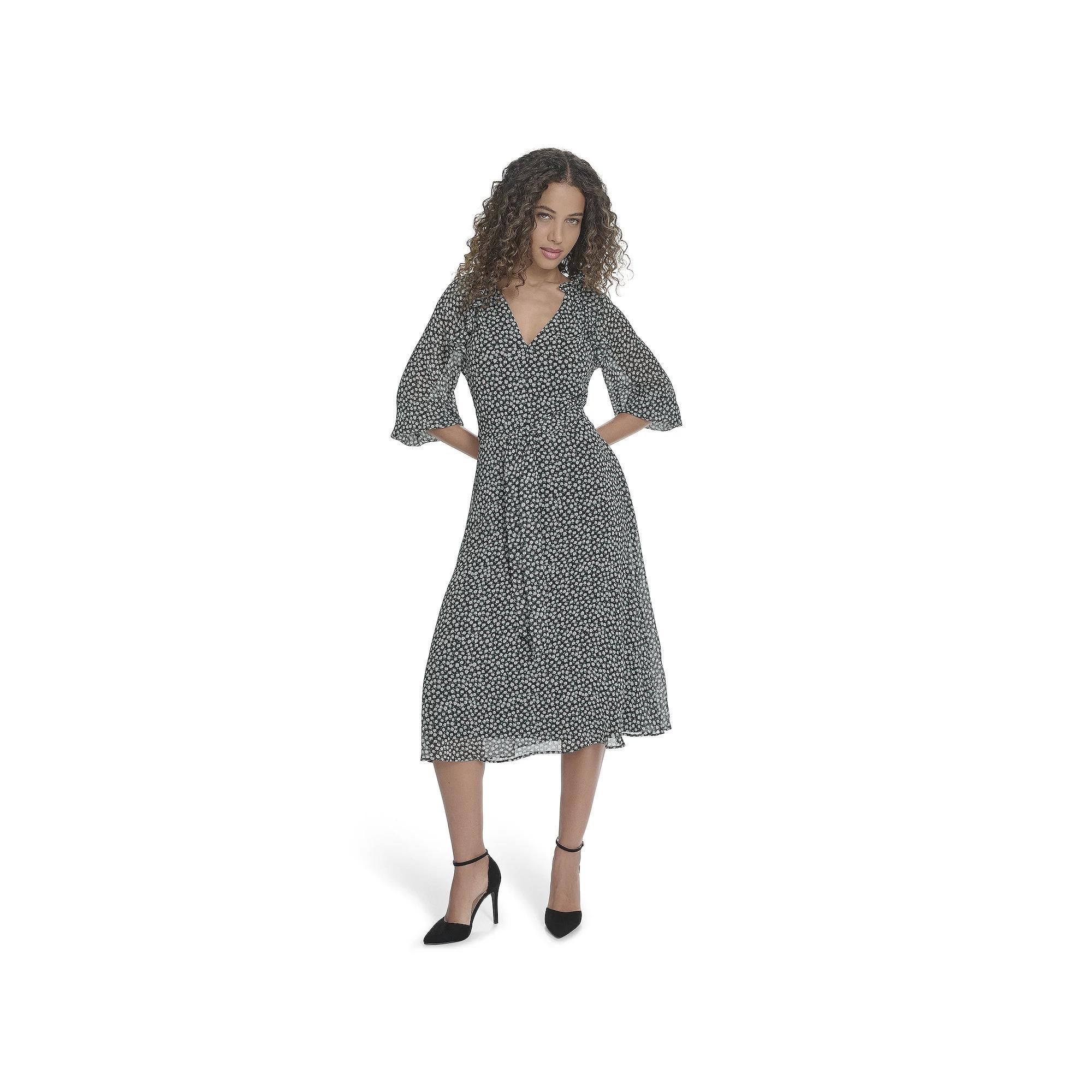 Women's La Nouvelle Renaissance Long Sleeve Pleated Dress, Size: 16, Black Green Ditsy Product Image