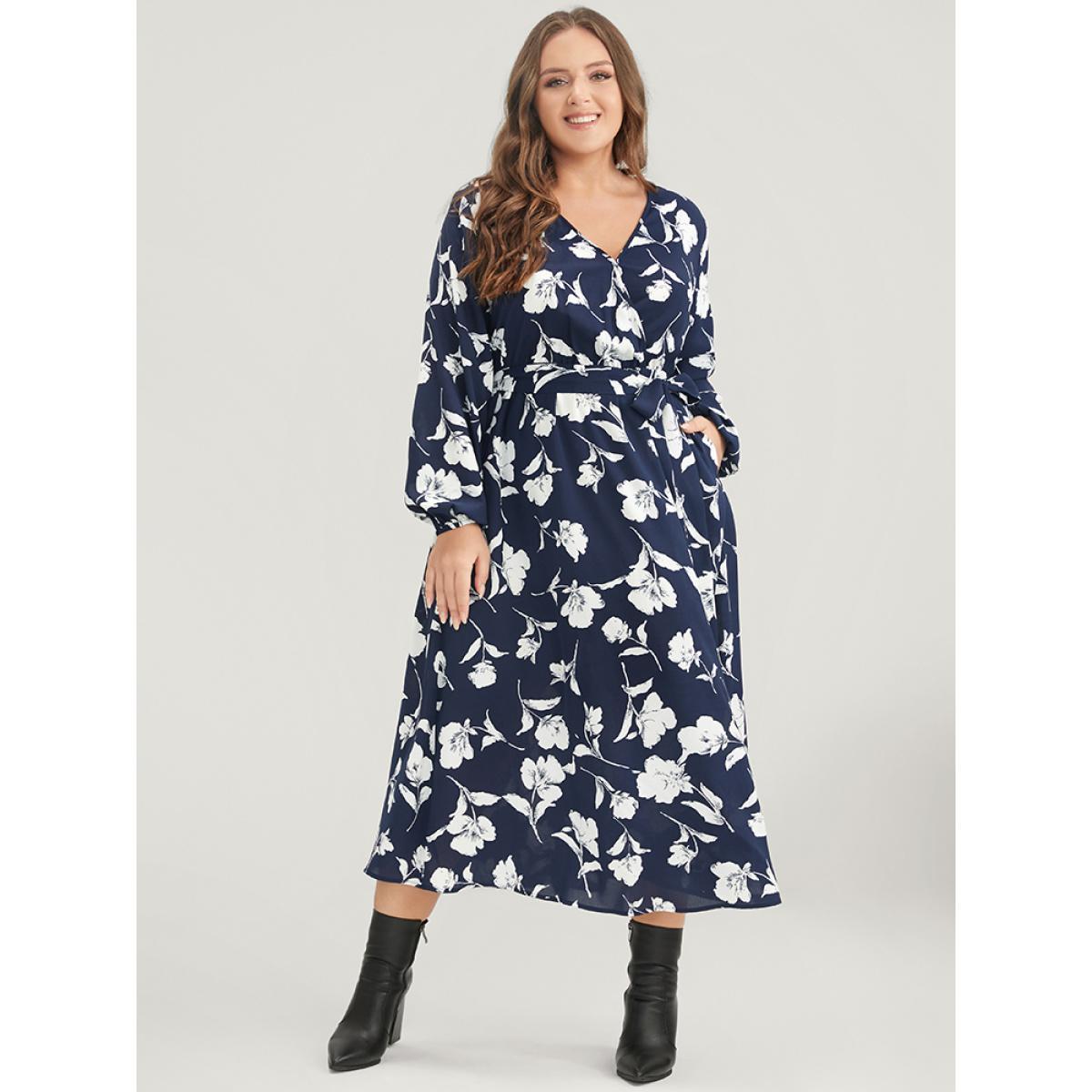 Plus Size Floral Pocket Surplice Neck Belted Midi Dress DarkBlue Women Casual Belted V-neck Long Sleeve Curvy Midi Dress BloomChic 26/4X Product Image