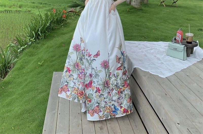 Set: Sleeveless Square Neck Floral Butterfly Print Maxi A-Line Dress + Belt Product Image