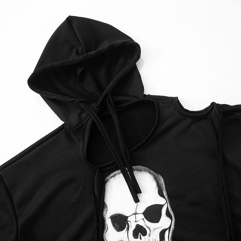 Asymmetrical Neck Cold Shoulder Skull Print Oversized Hoodie Product Image