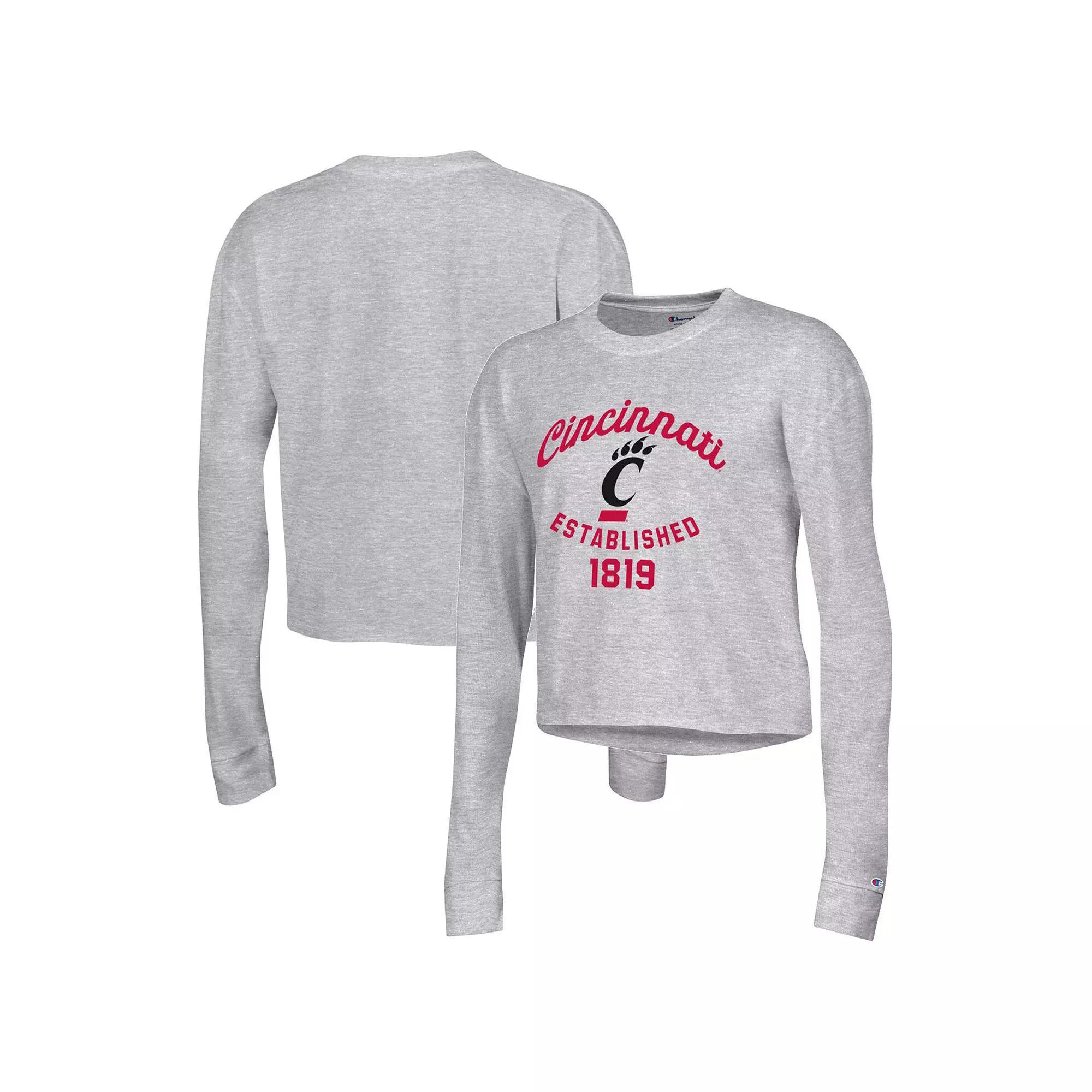 Women's Champion Heather Gray Cincinnati Bearcats Boyfriend Cropped Long Sleeve T-Shirt, Size: XL, Grey Product Image