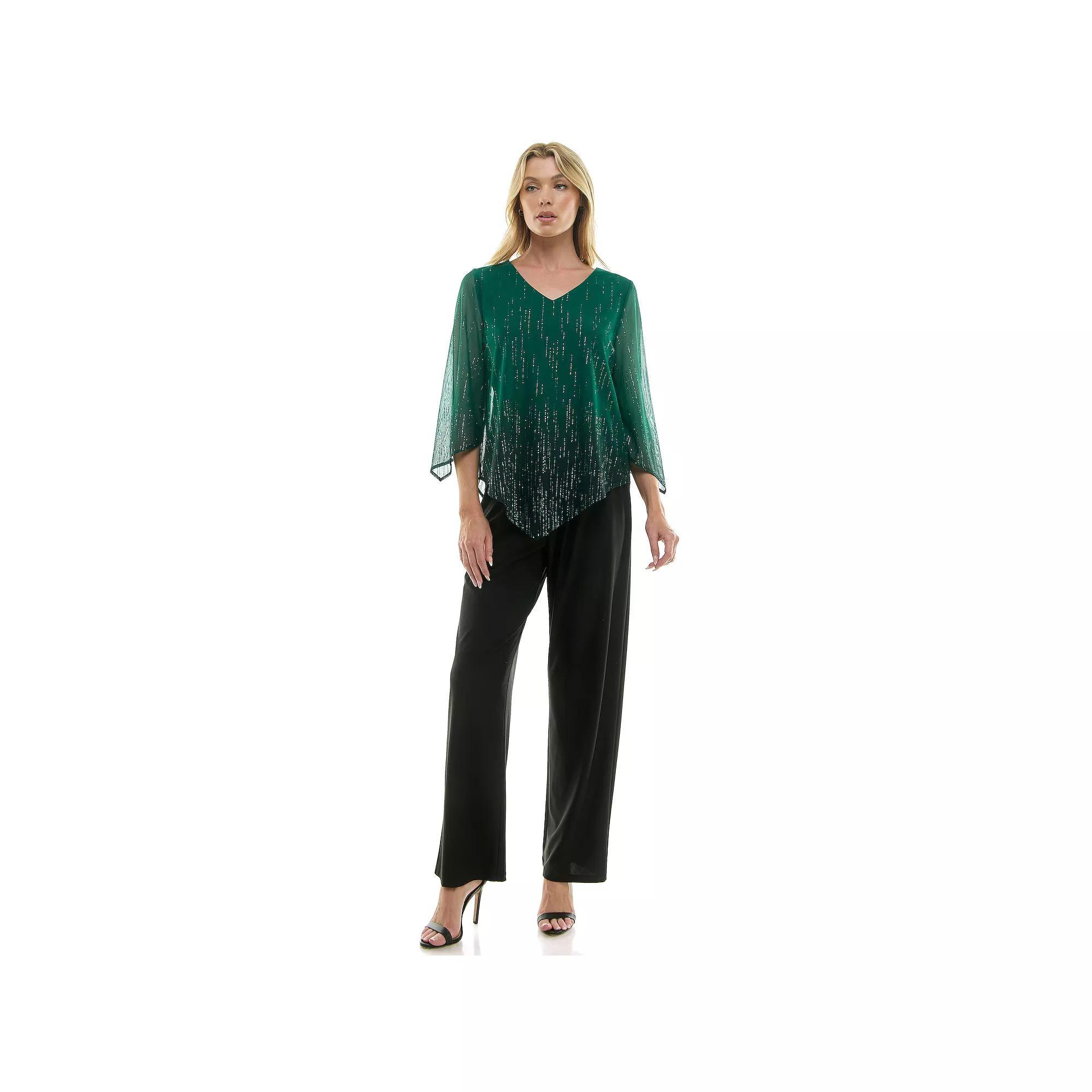 Women's Luxology 2-Piece V-Neck Blouse & Straight Leg Pants Set, Size: Large, Green Black Green Product Image