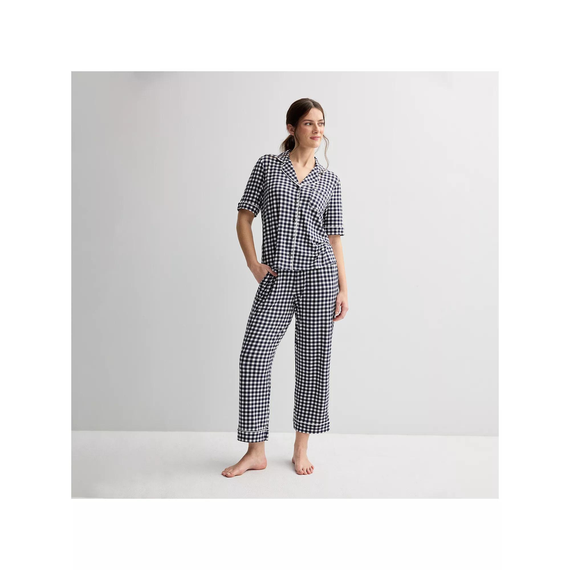 Women's Draper James 2-Piece Cozy Elbow Sleeve Notch Pajama Top and Pajama Pants Set, Size: Small, Blue Gingham Product Image