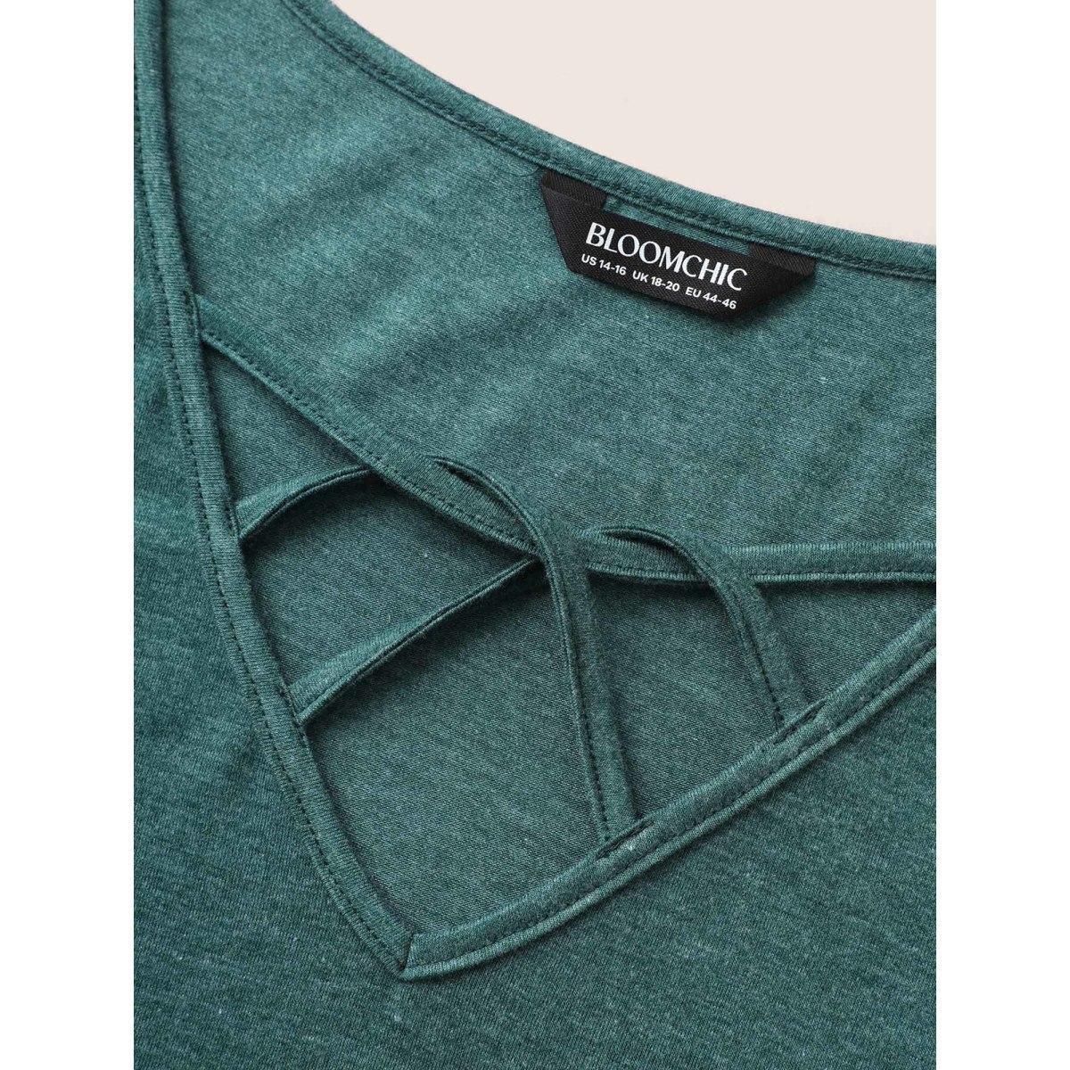 Plus Size Solid Heather Crisscross Medium Stretch T-shirt DarkGreen Women Casual Cut-Out V-neck Everyday T-shirts BloomChic 12/L Product Image