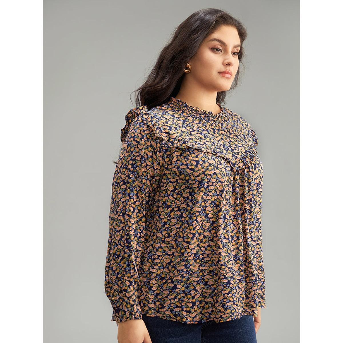 Plus Size Multicolor Ditsy Floral Shirred Ruffle Trim Blouse Women Elegant Long Sleeve Halter neck Dailywear Blouses BloomChic 12/L Product Image