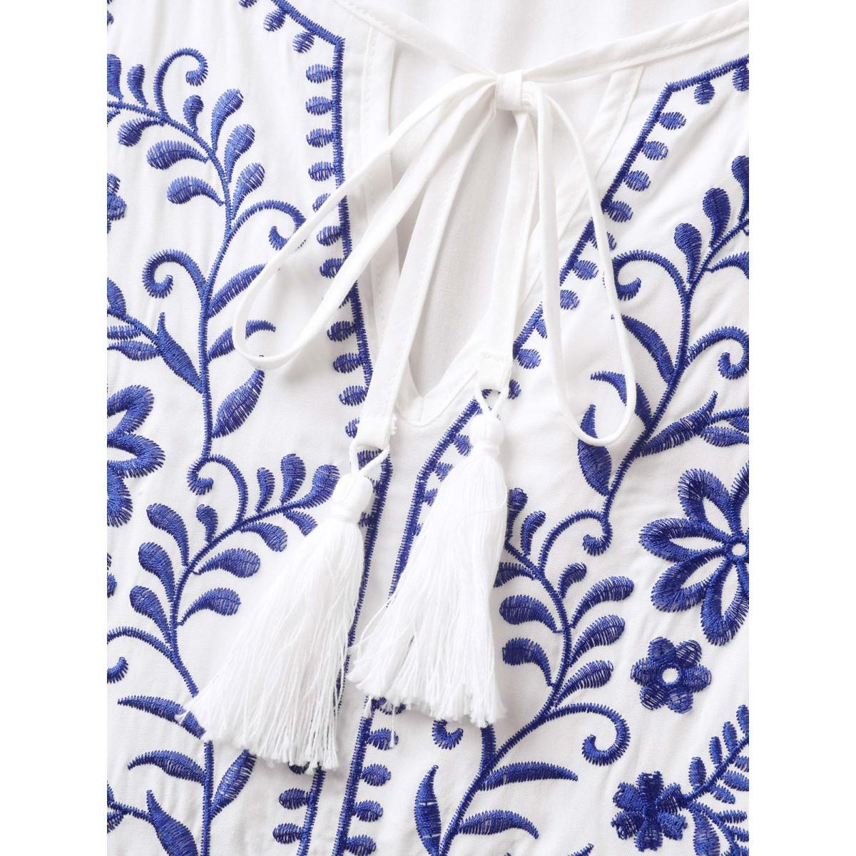 Plus Size Floral Embroidery Pockets Tassels Midi Dress Ivory Women Notched collar Short sleeve Curvy BloomChic 26/4X Product Image