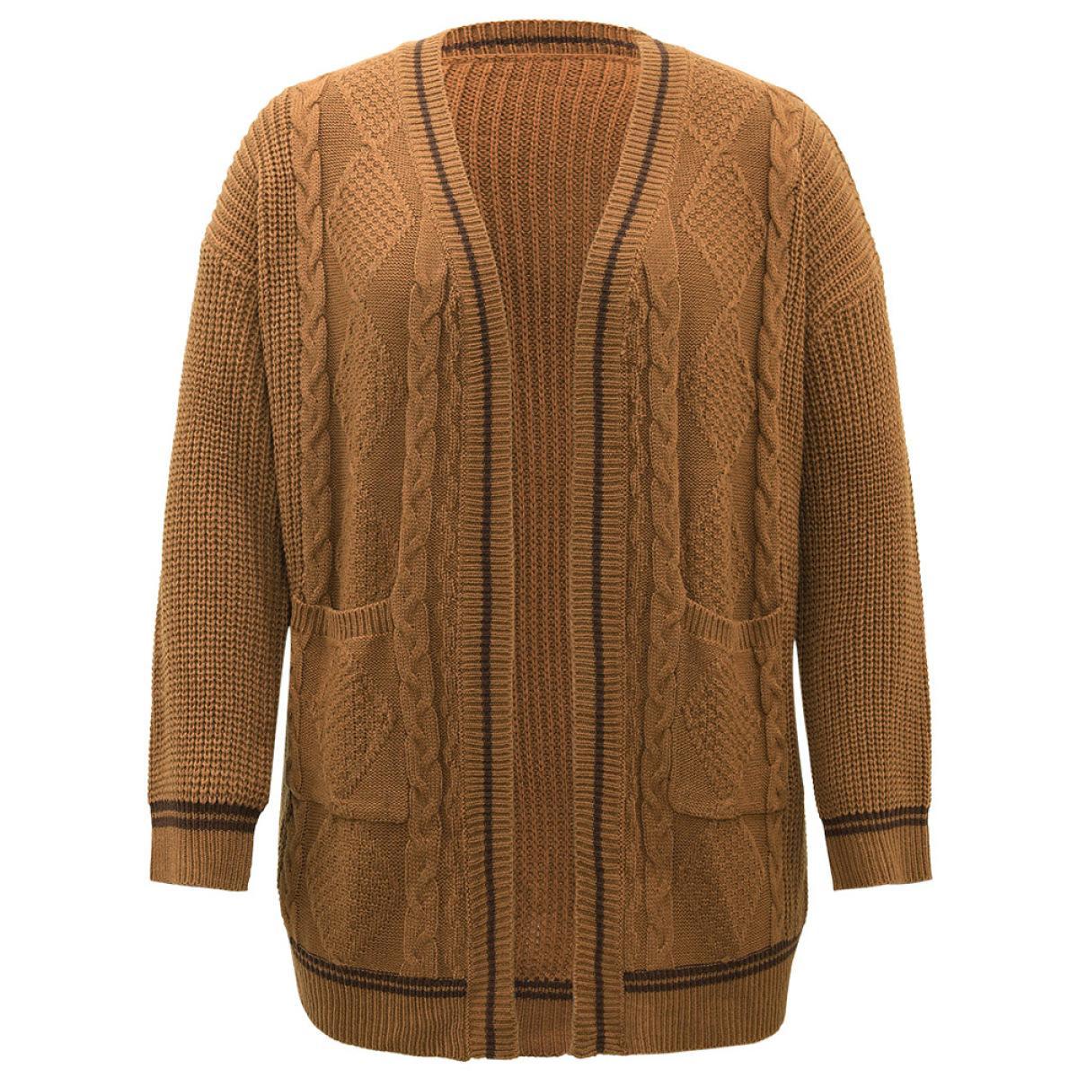 Plus Size Plain Cable Knit Pocket Open Front Cardigan Bronze Women Casual Loose Long Sleeve Dailywear Cardigans BloomChic 14-16/1X Product Image